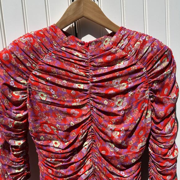 Rohe Sadie Long Sleeve Retro Floral Ruched Mini Dress Red Multi Size 34 FR 2 US - Picture 2 of 15